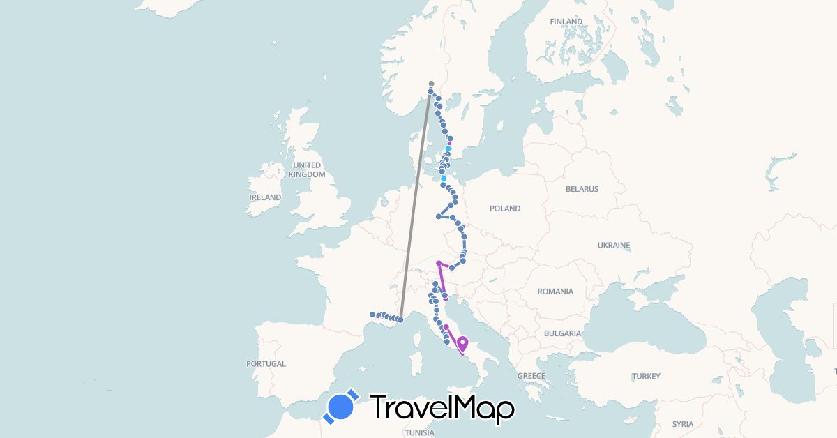 TravelMap itinerary: driving, plane, cycling, train, boat in Austria, Czech Republic, Germany, Denmark, France, Italy, Norway, Sweden (Europe)